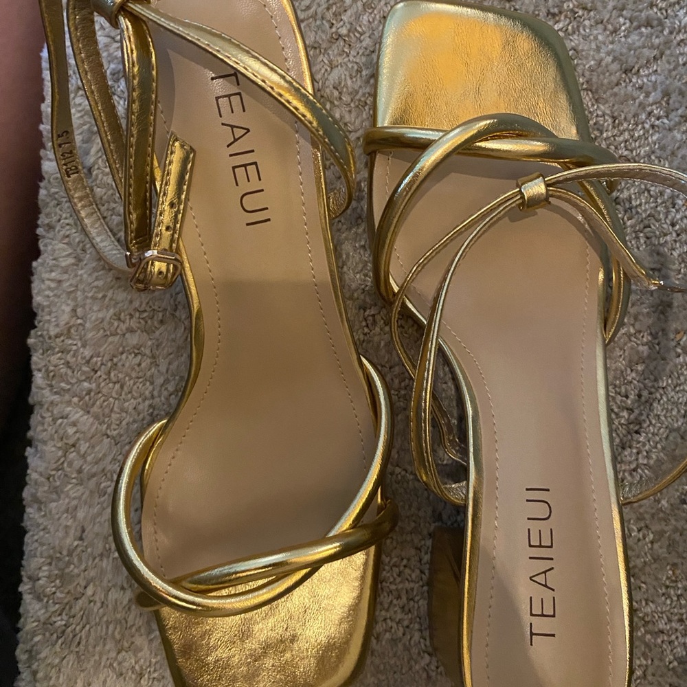 Gold Strappy Women's Block Heels